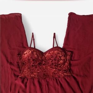 Xhiliration Burgundy floral print maxi jumpsuit